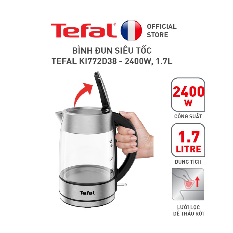 Bình đun siêu tốc Tefal KI772D38 - thủy tinh - 2400W, 1.7L