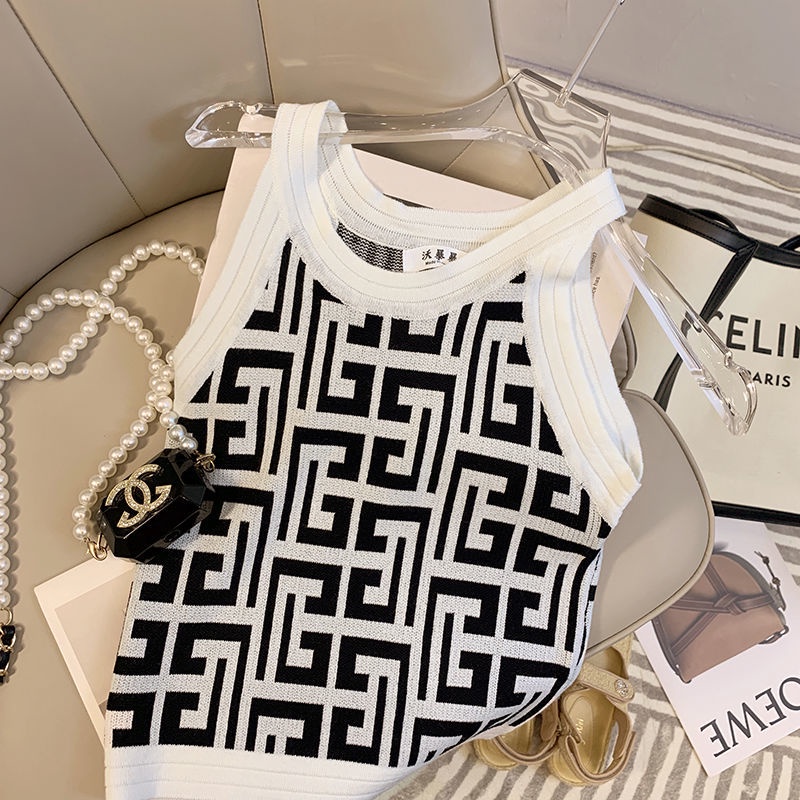 Áo Dệt Kim Sát Nách Cổ Tròn Họa Tiết Hình Học Gợi Cảm Thời Trang Xuân Hè Mới