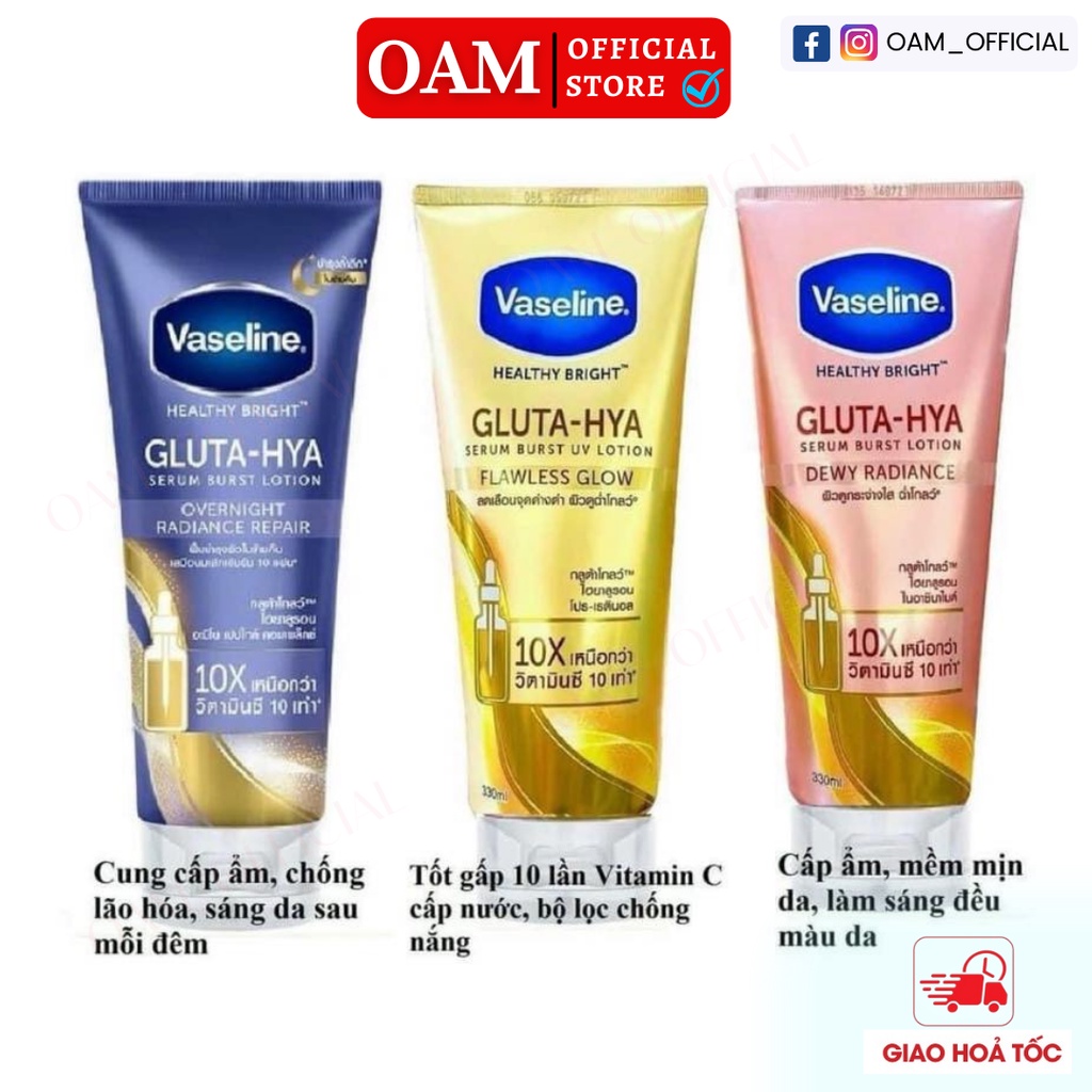 Sữa dưỡng thể Vaseline Healthy Bright Gluta HYA Serum Burst Lotion 10X Thái Lan 330ml da mờ thâm, bật tone trắng sáng