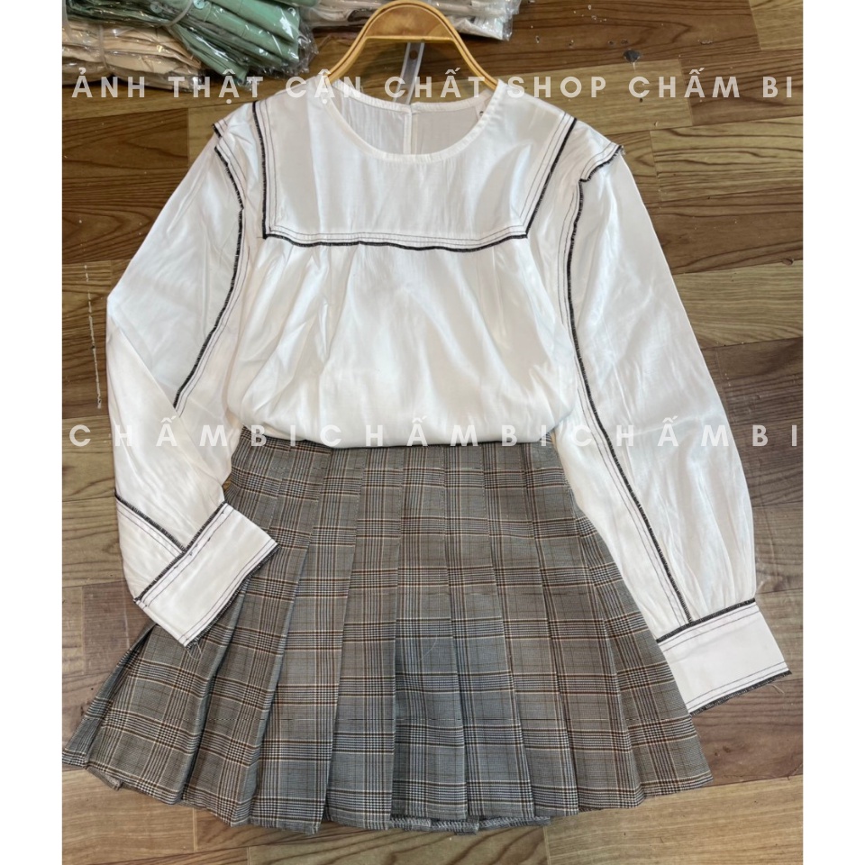 Áo sơ mi dài tay A.272, Áo babydoll cổ tròn viền đen chữ U ngực và dọc tay áo cực xinh