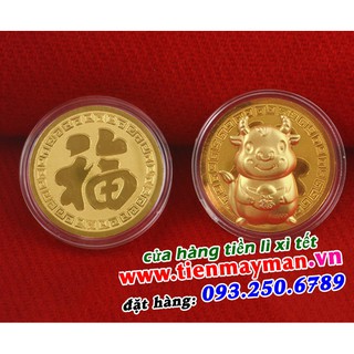 (NEW) ĐỒNG XU TRÂU MẠ VÀNG KÈM TÚI GẤM ĐỎ MAY MẮN (SHOP YÊU THÍCH)