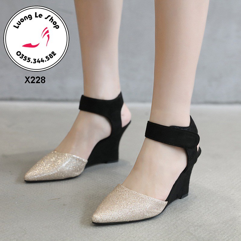Sandal đế xuồng 9cm mũi nhọn da lộn phối màu quai vòng cổ chân  6 màu đen  nhũ đen nhũ vàng nhũ bạc ms X228