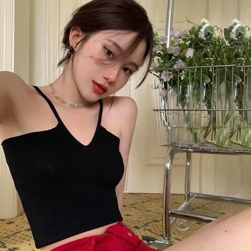 Áo Croptop Dệt Kim Sát Nách Cổ Chữ V Màu Sắc Đơn Giản Phong Cách Hàn Quốc