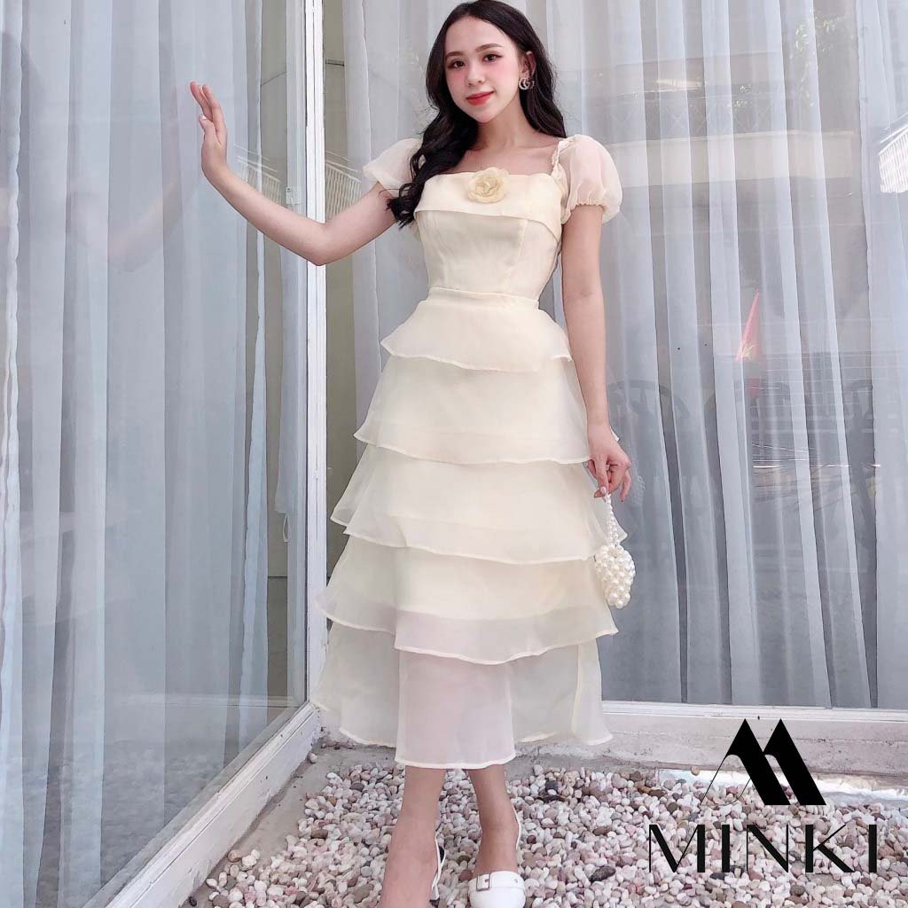 VÁY TẦNG KÈM HOA CÀI ÁO - Chất liệu Tơ Sống Organza- Màu Vàng Trong