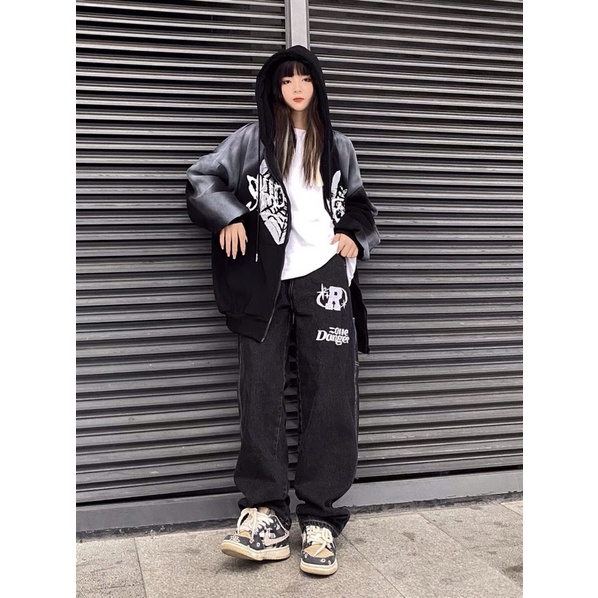 Áo khoác hoodie zip nỉ có mũ hoạ tiết phong cách retro Âu Mỹ