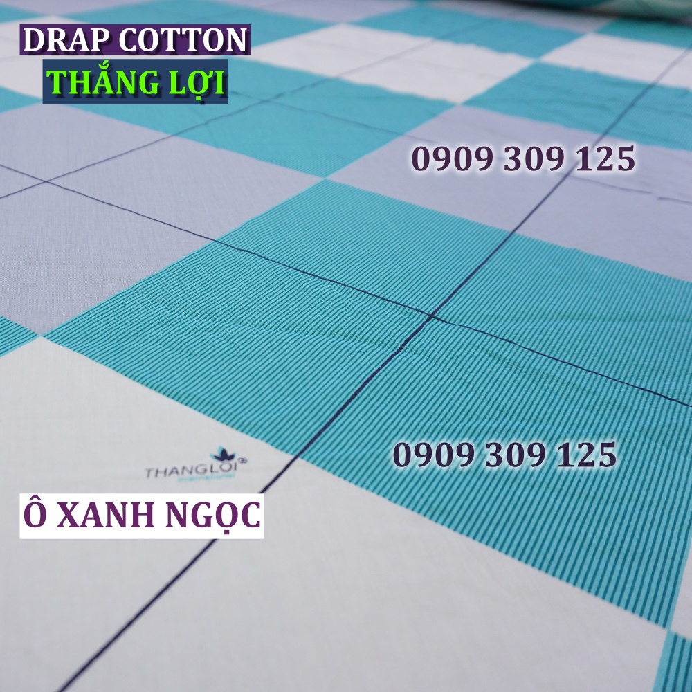 drap cotton Thắng Lợi, ga giường 100% cao cấp Ô XANH NGỌC