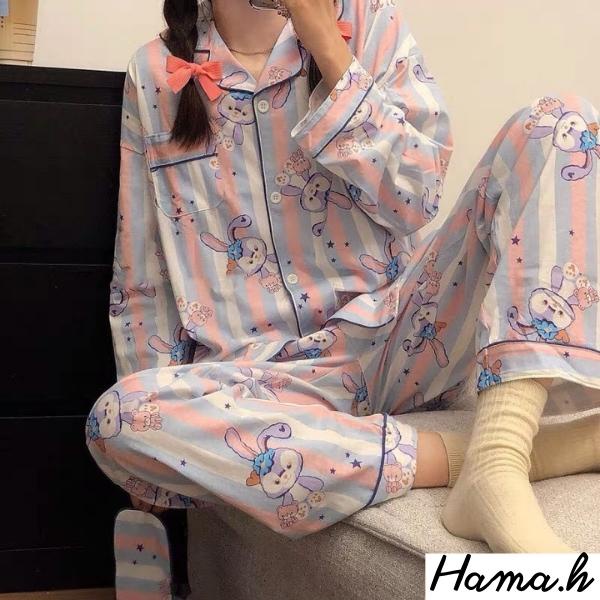 Bộ đồ nữ Pijama lụa tay dài quần dài hoạt hình ullazang mặc ở nhà mùa đông cao cấp chất dày phong cách hàn quốc-BND08