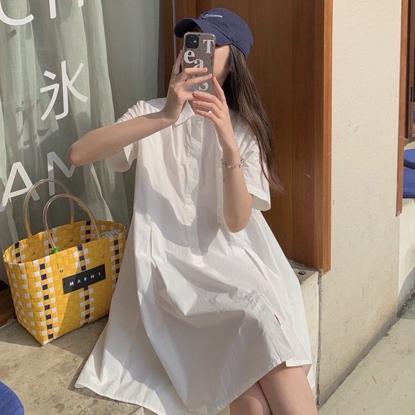 Đầm váy polo cổ sơ mi thô túi ngực xếp ly eo cộc tay ulzzang chất thô V16 VAVASA