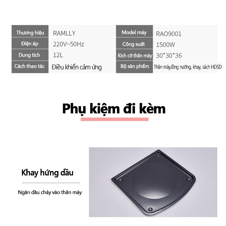 Nồi chiên không dầu RAMLLY 12 lít tặng lồng nướng, nồi nướng điện màn cảm ứng thông minh YA22