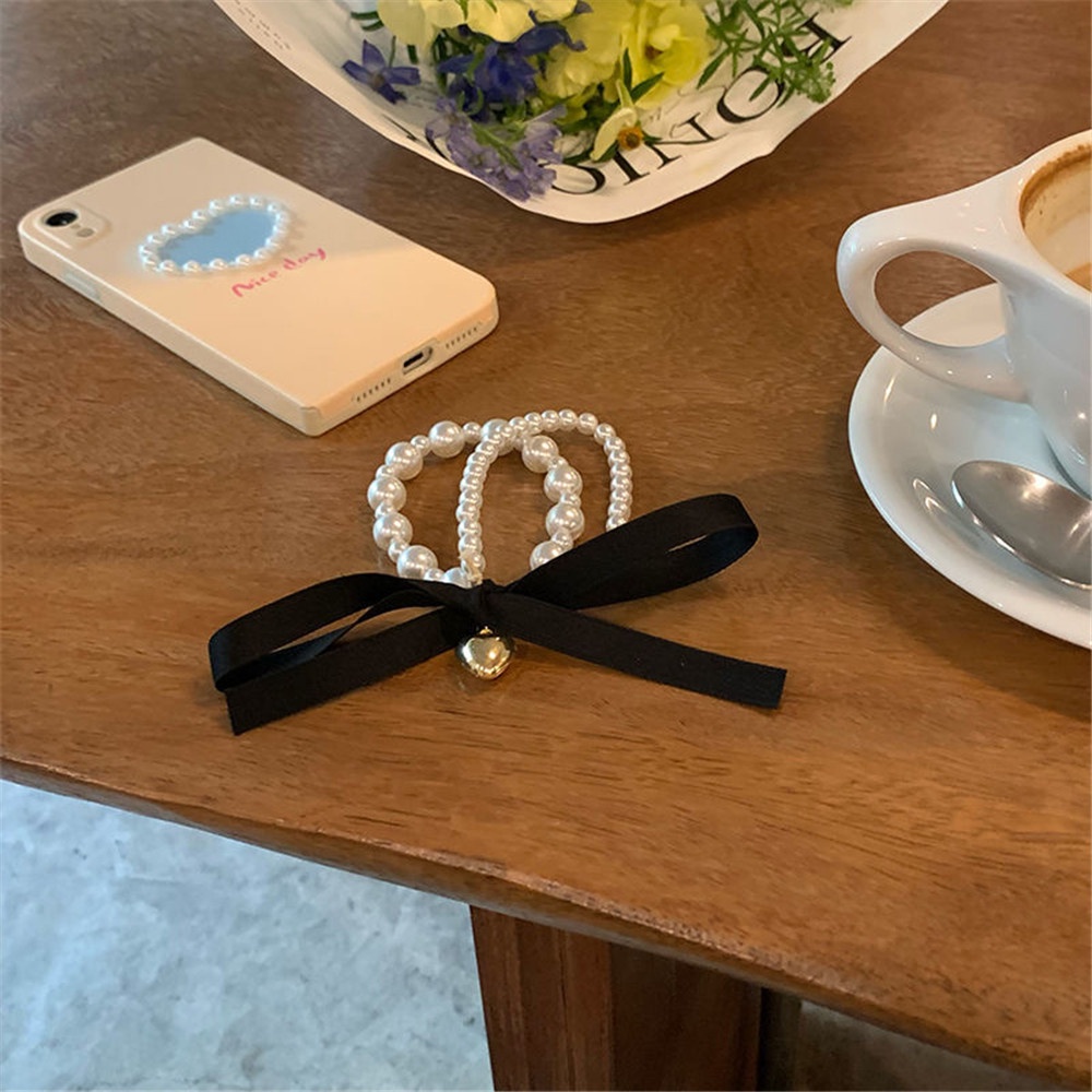 Dây Buộc Tóc Thắt Nơ Đen Đính Ngọc Trai Phong Cách Pháp Thanh Lịch Dành Cho Nữ
