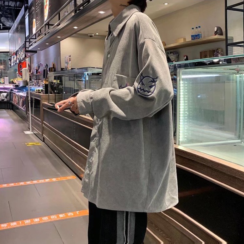 in Bình thường Áo khoác sơ mi Sự đơn giả tạo chiều rộng trong họa tiết cá tính thời trang hàn quốc cho nam cặ đôi áo sơ mi khuôn viên Bình thường áo sơ mi nam nhung tăm fresh from rộng áo sơ mi nam unisex