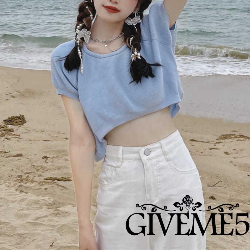 Áo Croptop Dệt Kim Tay Ngắn Cổ Tròn Màu Trơn Dáng Rộng Thời Trang Cho Nữ