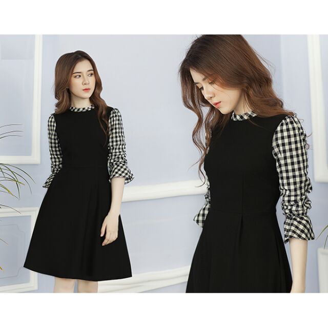 Đầm xòe đen phối tay caro