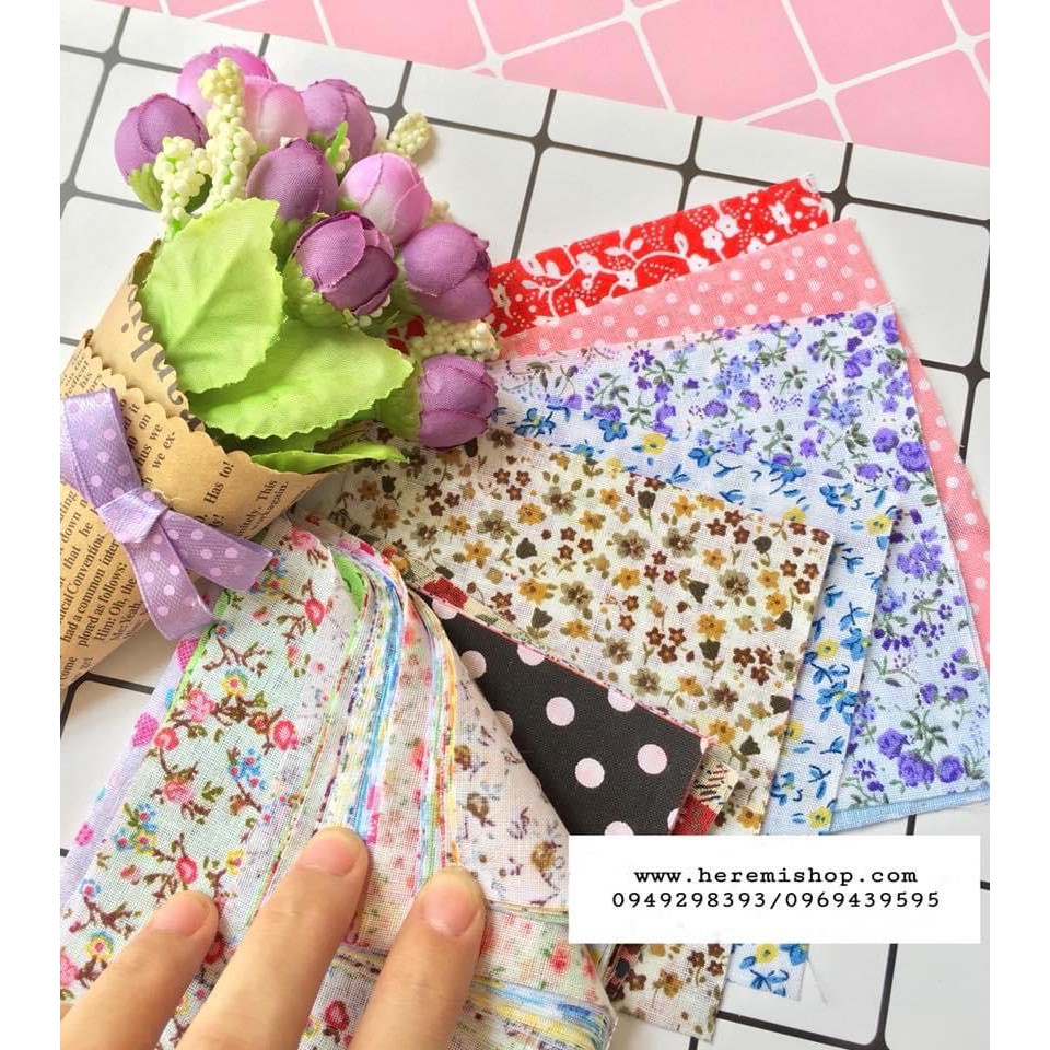 Set 50 tấm vải thô 10x10cm đủ họa tiết làm gối, trang trí nhà búo bê, phụ kiện tóc