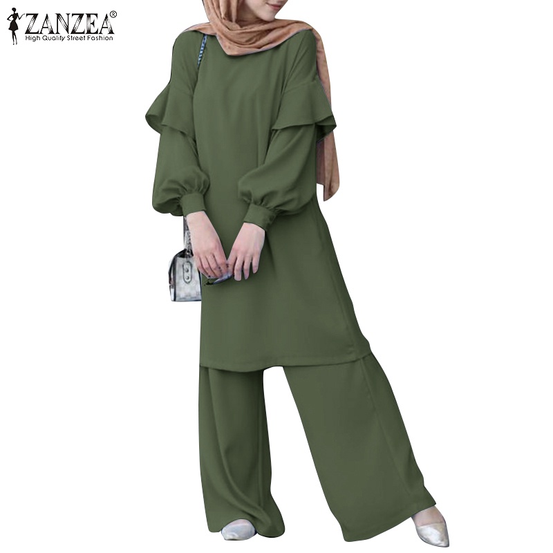 Set áo tay dài cổ tròn kèm quần dài lưng thun ZANZEA thời trang cho nữ