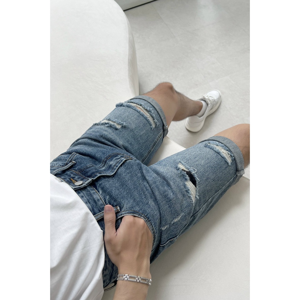 Quần Short Jean Americus Gosani Wash Rách Màu Xanh