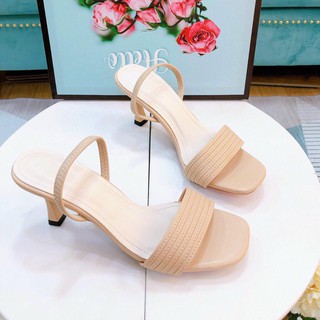 Giày sandal nữ quai mãnh cao 7p Bánh bèo, giày cao gót nữ hỡ mũi, gót nhọn phối dây thời trang màu kem