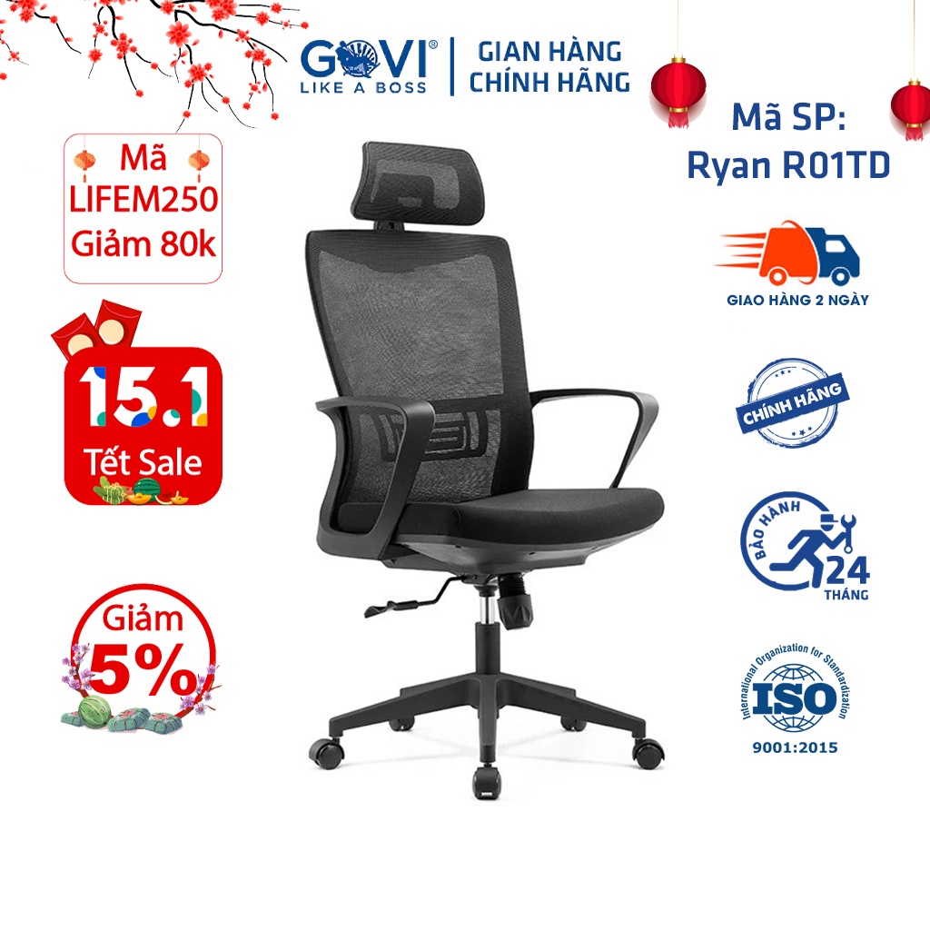 Ghế công thái học Ergonomic GOVI Ryan R01TD - Tựa đầu điều chỉnh độ cao, tựa tay cố định, mâm ghế ngả sau khóa 1 vị trí