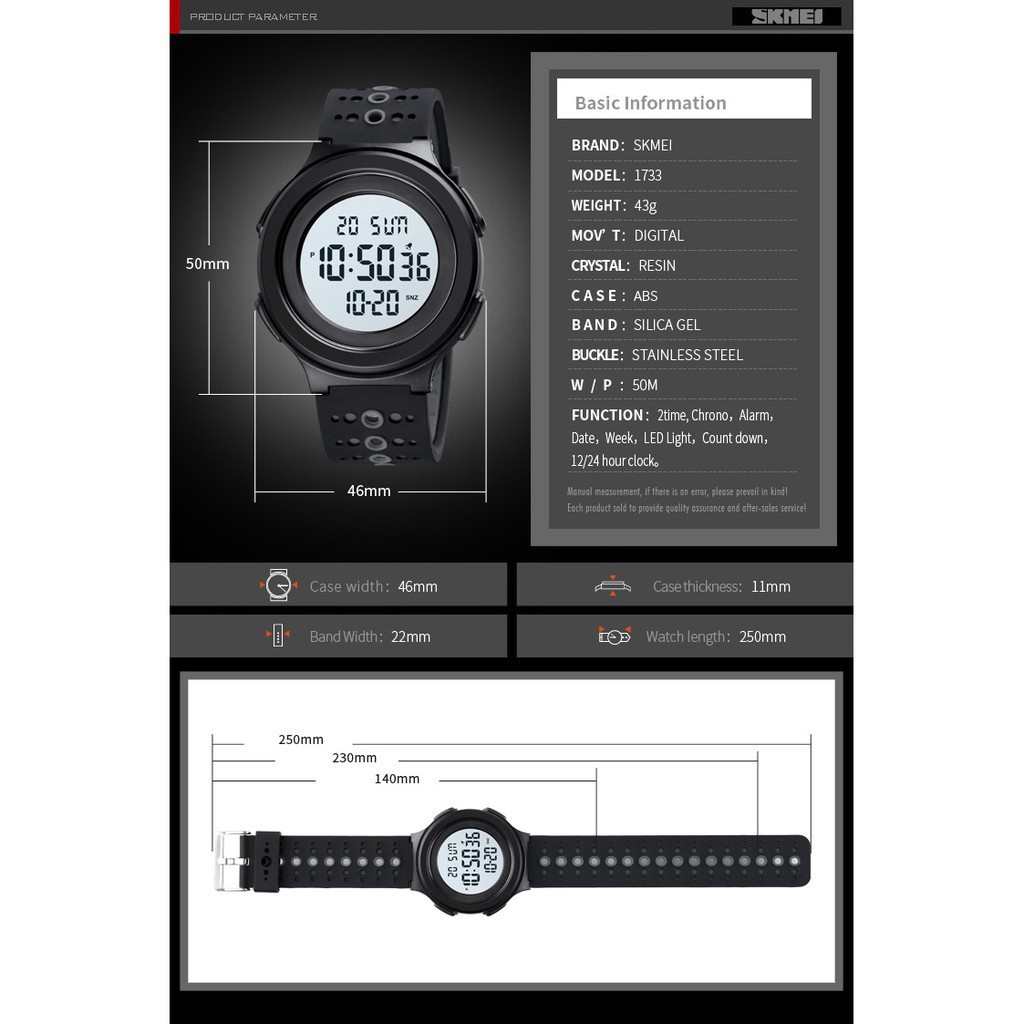 Đồng Hồ SKMEI 1733 Kĩ Thuật Số Chống Thấm Nước Có Đèn Nền EL Phong Cách Thể Thao Cho Nam