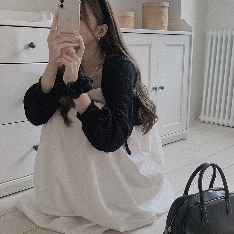 SUXI Korean Style All-match Slim Fit Solid Color Sleeveless Sweet Suspender Dress