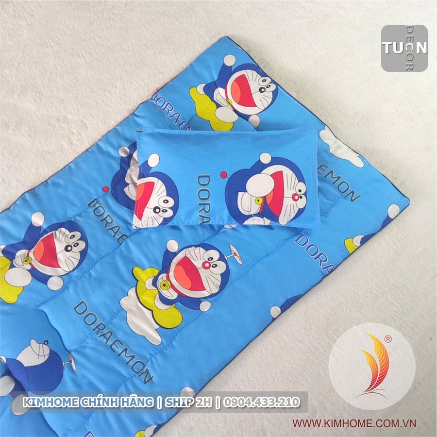 Bộ Nệm Gối cho bé đi học mẫu giáo vải Cotton Thắng Lợi màu Xanh Doraemon Size 60x100cm | KIM HOME chính hãng