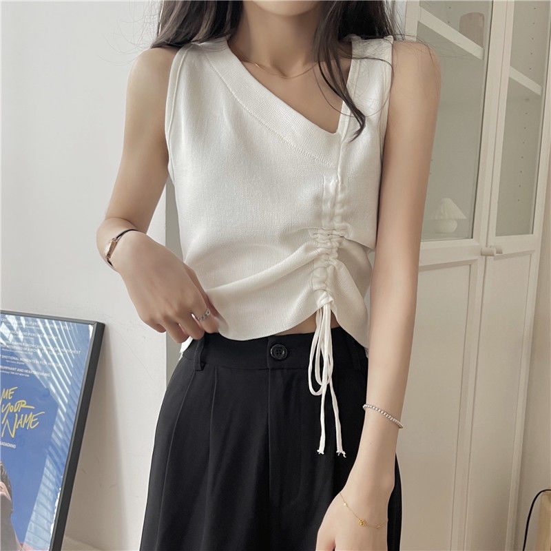 Áo kiểu IELGY không tay phối dây rút dệt kim cá tính thời trang dành cho nữ