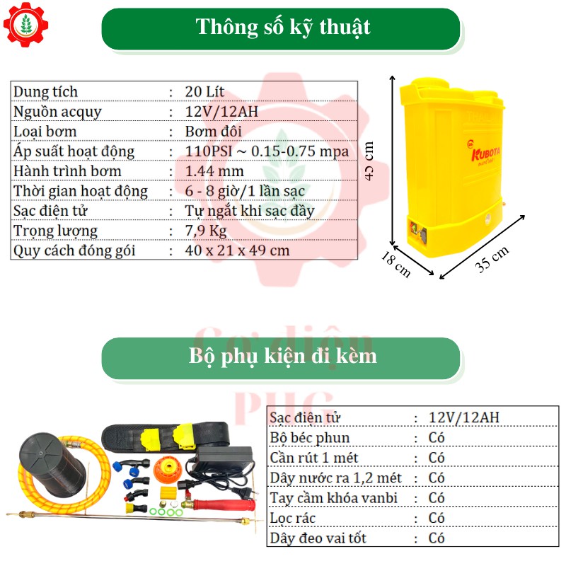 Bình phun khử khẩn, diệt khuẩn KUBOTA 20L 12V 12AH | 2 bơm | Công nghệ Thái Lan | Bình xịt điện