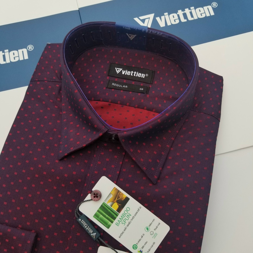 Aó sơ mi nam Việt Tiến dài tay mã 1Q0911NRY  chính hãng ,cao cấp - form suông REGULAR - Màu đỏ - tím họa tiết