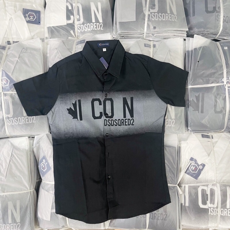 Áo sơ mi nam nữ ngắn tay chất liệu vải đũi in chữ ICON phong cách thời trang công sở tinh tế và sang trọng