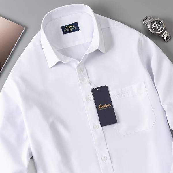 Áo Sơ Mi Nam Công Sở Trung Niên Anton Trắng Trơn Dài Tay Vải Cotton Có Túi Ngực - XA12