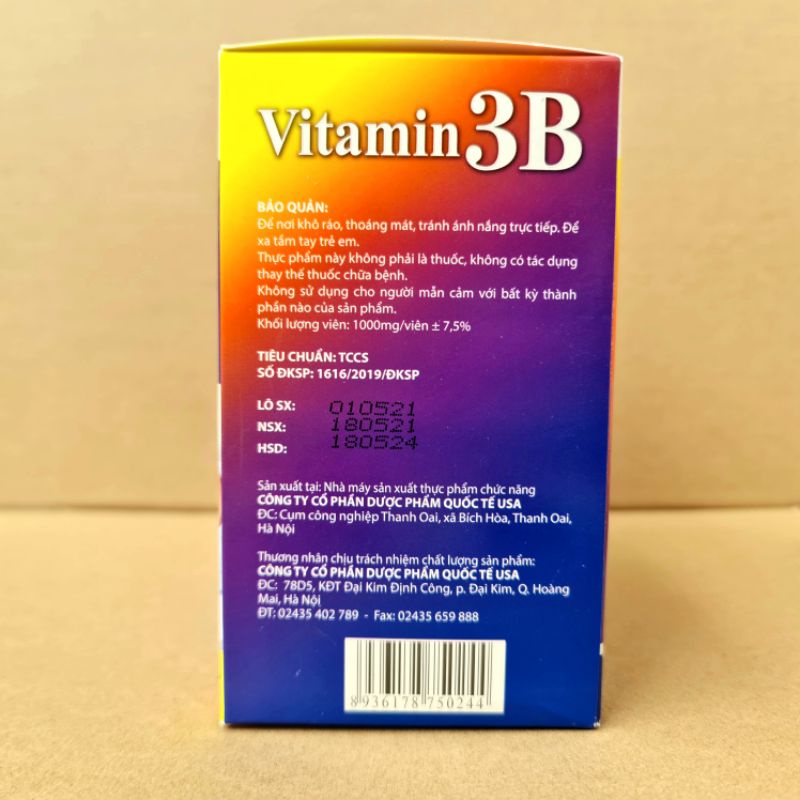Vitamin 3B Giúp bổ sung và dự phòng thiếu hụt vitamin B1, B6, B12 cho cơ thể hộp 100 viên