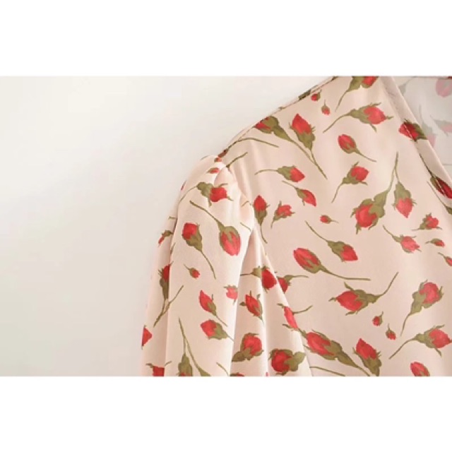 Zara Morocco full tag - Đầm Zara vạt chéo hoa nụ đỏ xinh DH3VCG52N9