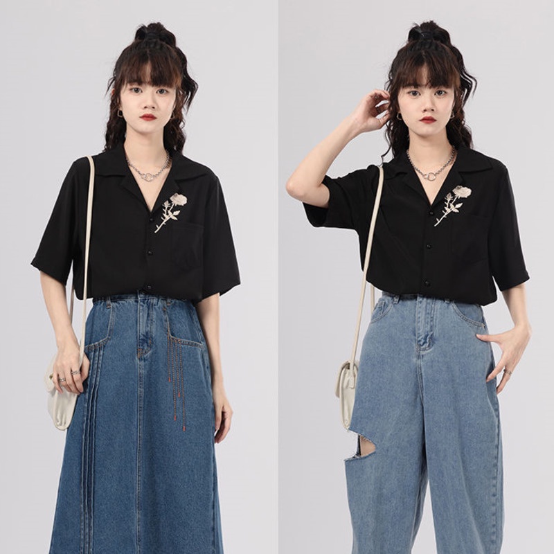 Áo Sơ Mi Màu Đen Phong Cách Retro Hàn Quốc Cho Nữ