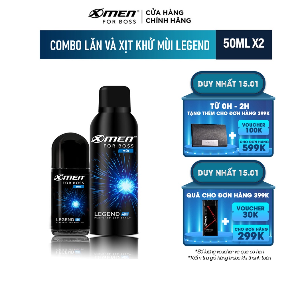 Combo Lăn khử mùi X-men For Boss Legend 50ml + Xịt khử mùi X-men For Boss Legend 150ml