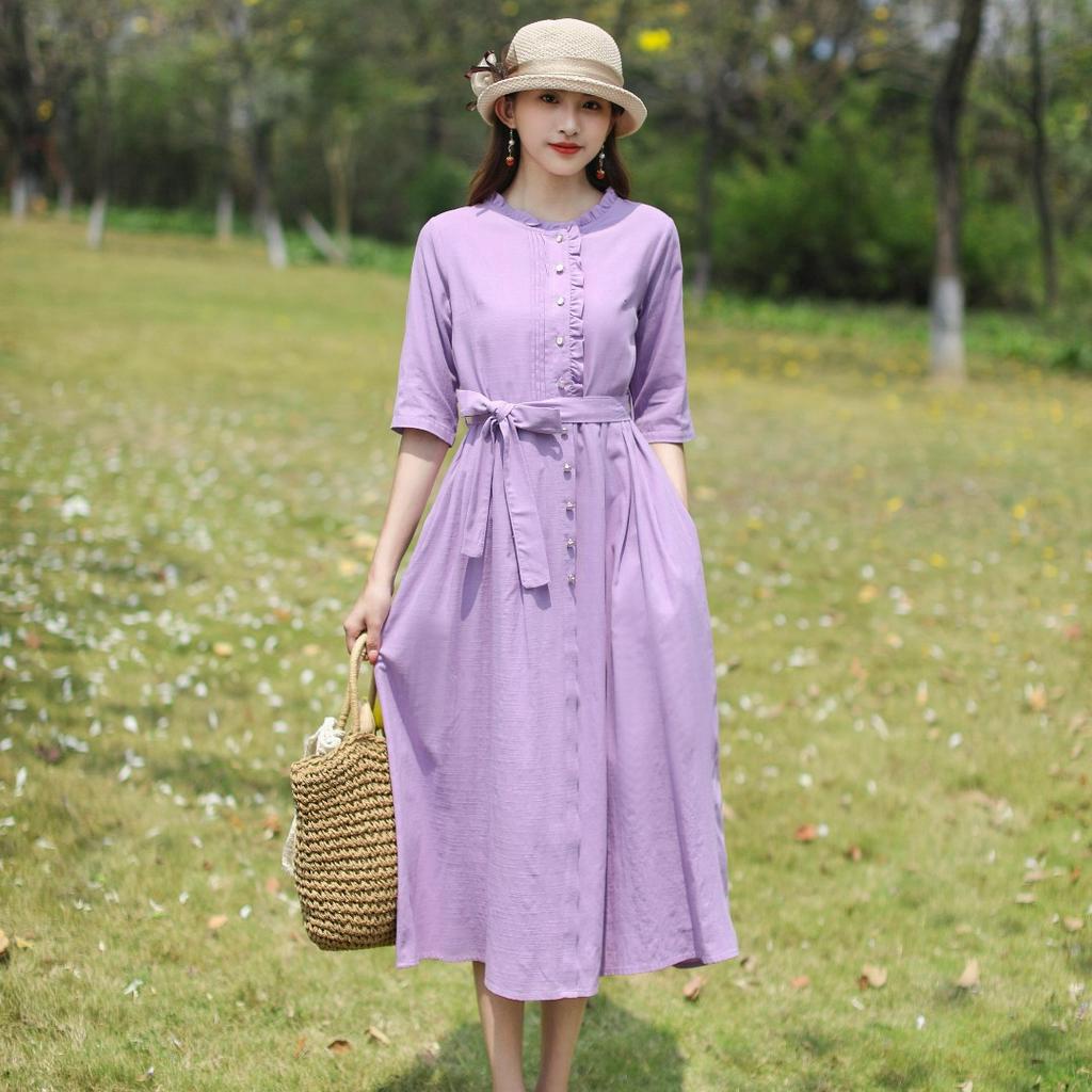 Đầm nữ dáng suông dài tay lỡ, cổ bèo cài cúc, có dây thắt eo, chất liệu Linen mềm phong cách retro cho nữ