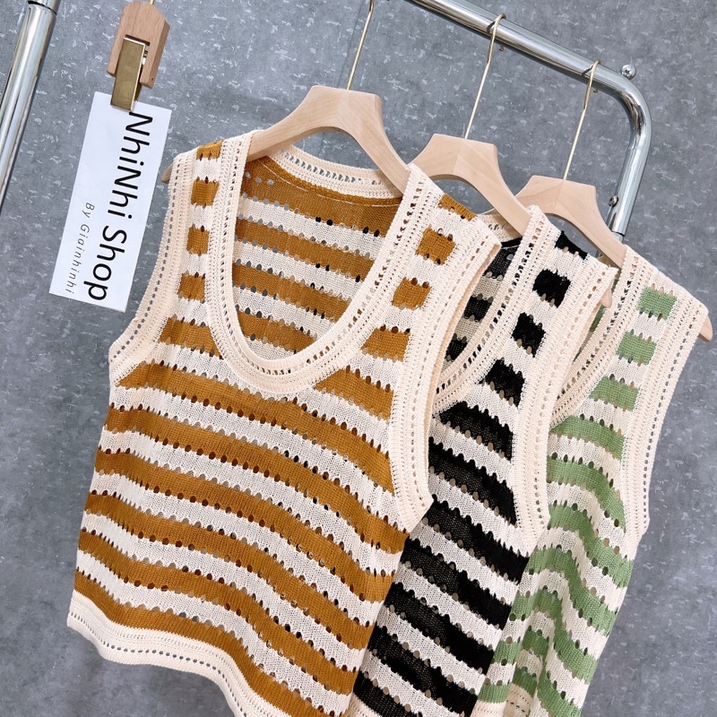 Áo len mỏng sọc ngang ba lỗ form rộng, Áo kiểu sát nách len AL7015 - NhiNhi Shop