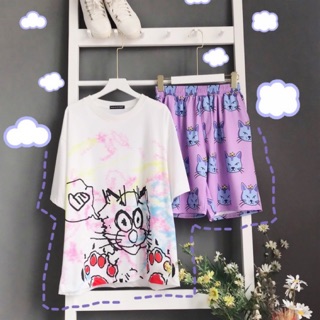 Set cartoon pants - áo thun hoạt hình tay lở + quần short hoạt hình - set mùa hè