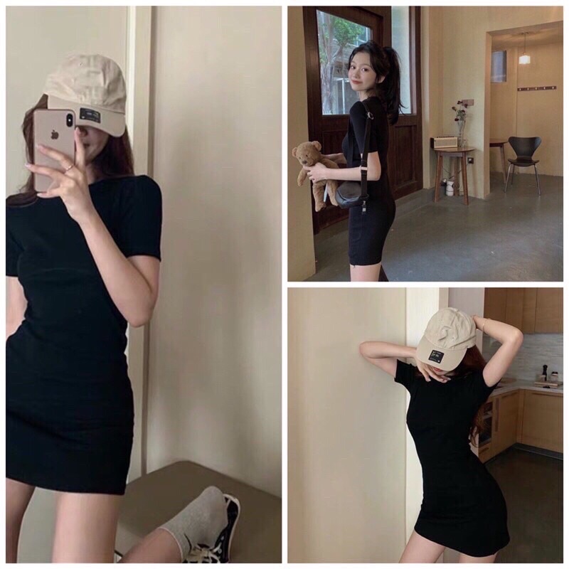 Váy đầm ôm body tay ngắn cổ tròn basic
