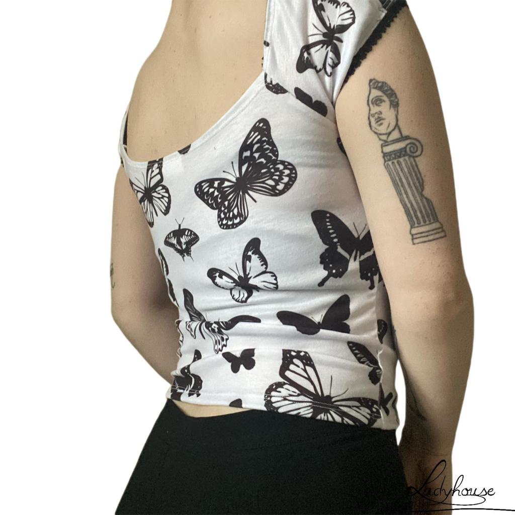 Ld-áo Thun Ôm Dáng Ngắn Tay In Hình Bướm Màu Trắng Cho Nữ Size S/ M/ L