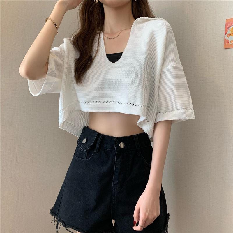 Áo Croptop Dệt Kim Tay Ngắn Dáng Rộng Cổ Chữ V Thời Trang Cho Nữ