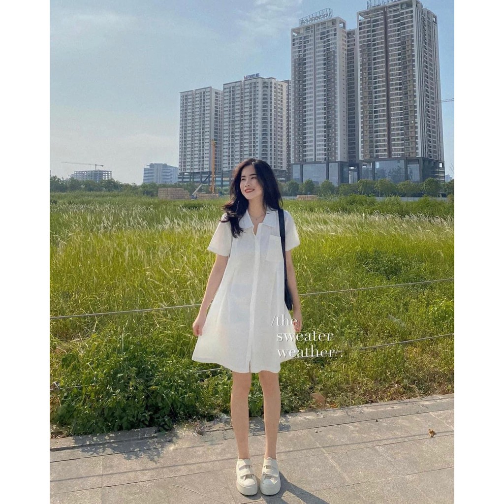 [ẢNH THẬT/VIDEO] VÁY SƠ MI DÁNG BABYDOLL UZZANG CÓ TÚI NGỰC SIÊU XINH VÁY SƠ MI CỔ ĐỨC DÁNG SUÔNG HÀN QUỐC