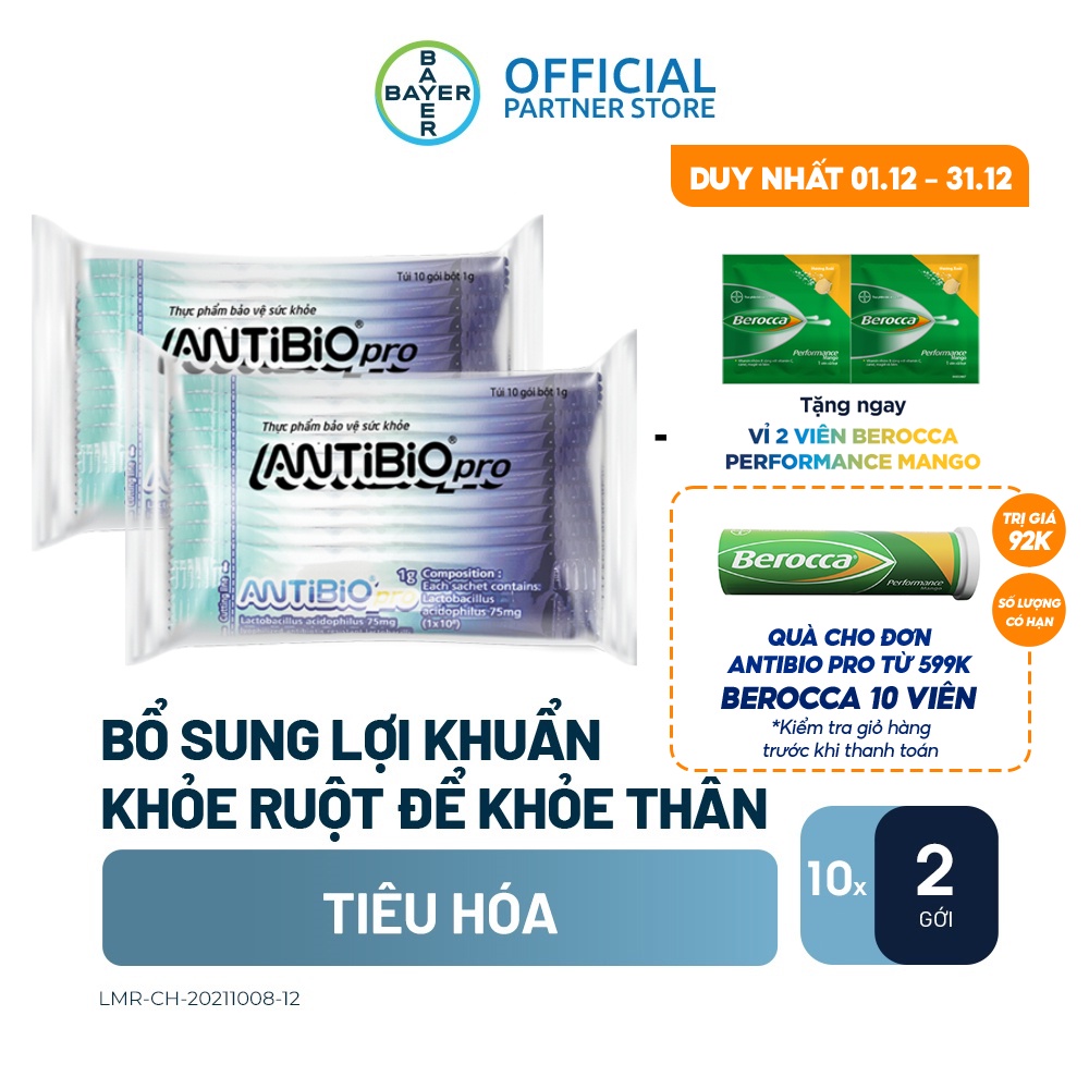 Bộ 2 Phẩm Bảo Vệ Sức Khoẻ Bổ Sung Lợi Khuẩn Antibio pro 10 Gói (1g/gói) + Tặng 1 Vỉ 2 Viên Berocca