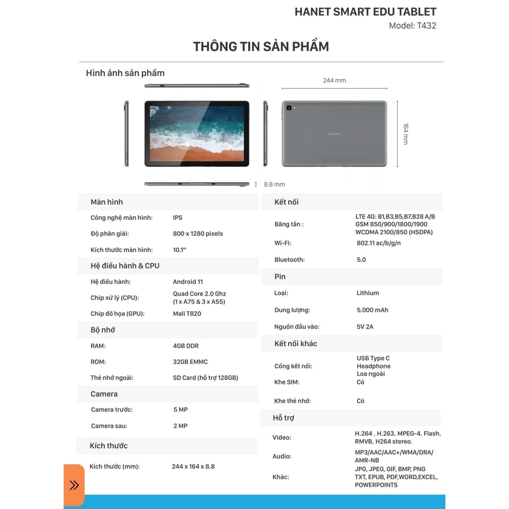 Máy Tính Bảng Học Tập HANET SMART EDU TABLET Model T432 + Bàn phím máy tính hỗ trợ lắp sim hàng chính hãng bh 2 năm