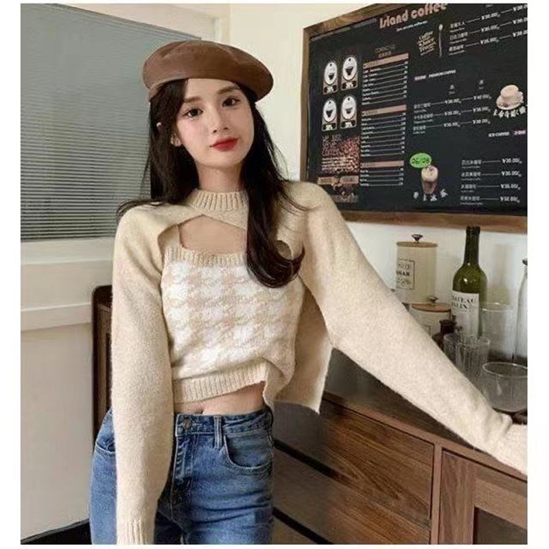 SUXI Set áo tay dài và áo hai dây họa tiết caro phong cách Hàn Quốc mới cho nữ