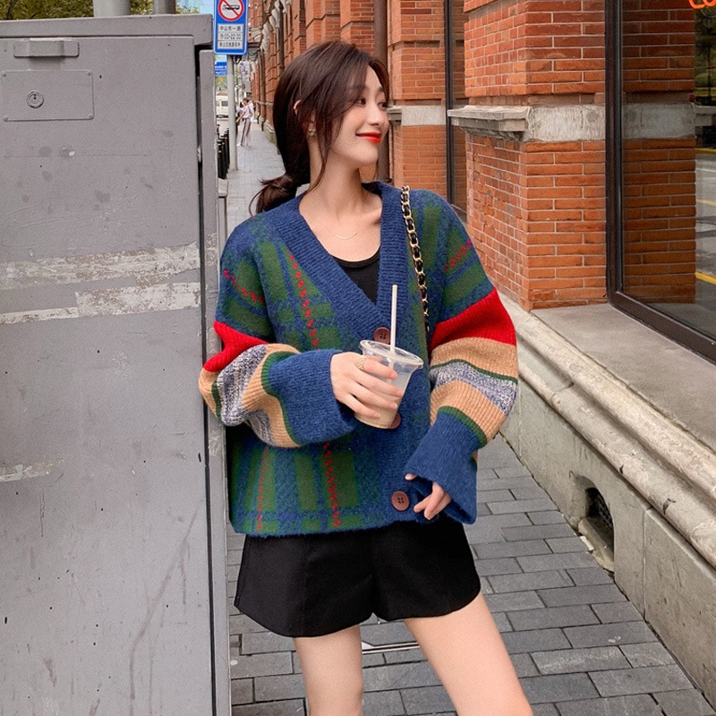 Áo khoác cardigan IELGY dệt kim dáng rộng phối màu phong cách Hàn Quốc cho nữ