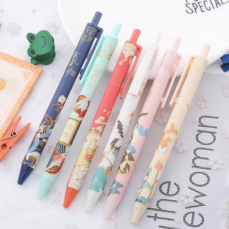 Set 6 Bút Bi Mực Đen Ngòi 0.5mm Có Thể Thu Gọn Phong Cách Trung Hoa
