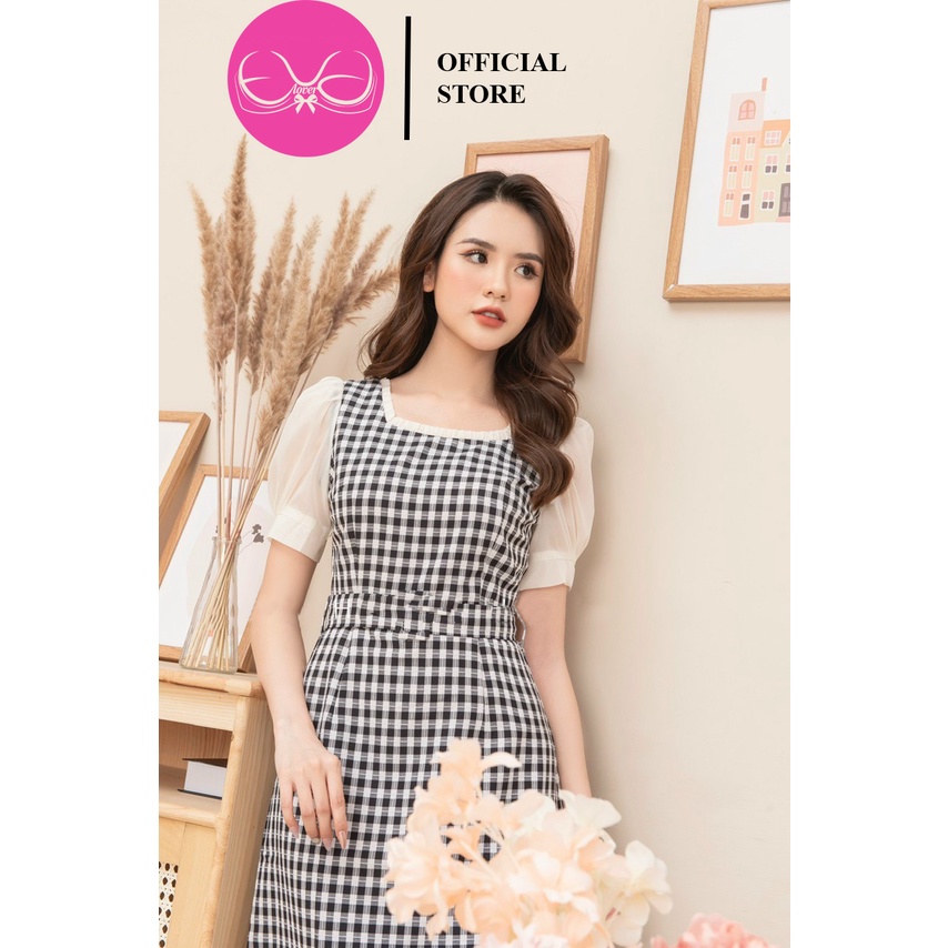 [Mã LT50 giảm 50k đơn 250k] Váy dáng a công sở kẻ caro cổ vuông tay voan có dây đai eo thương hiệu thời trang evalover | BigBuy360 - bigbuy360.vn