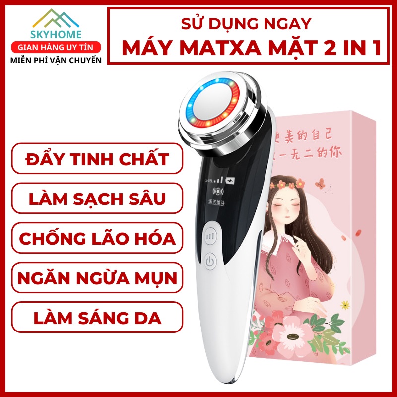 Máy massage rửa mặt mini cầm tay, máy đẩy tinh chất điện di tinh chất nóng lạnh giảm mụn tẩy trang nâng cơ mặt SKYHOME