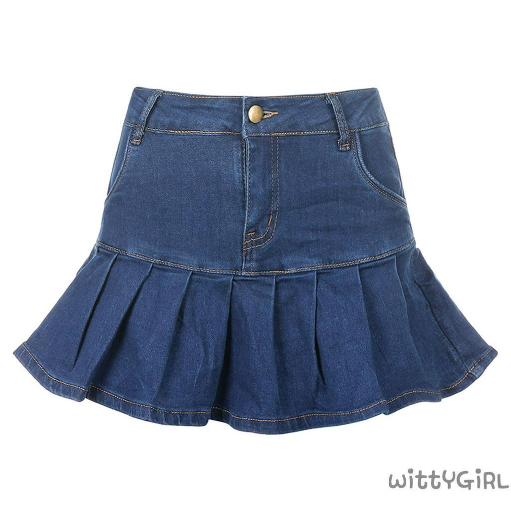 Phụ nữ thời trang Pocket Solid Color Váy Ladies tạo thời trang Denim Skirt
