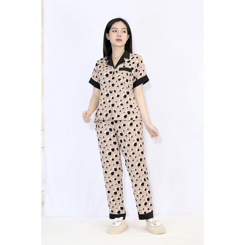Bộ đồ Pijama nữ quần dài tay ngắn MÀU CA CAO CHẤM ĐEN PHA CỔ ĐEN - SIÊU XINH - vải lụa COTTON - Cực Kì Sang Chảnh